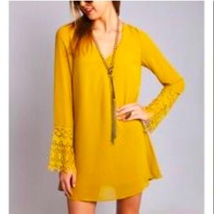NWOT Umgee Mustard Yellow Light Chiffon Boho Crochet Sleeve Swing Dress (szL)